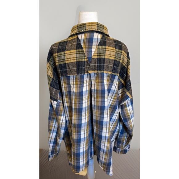 POL Oversized Plaid Patchwork Shirt Stud Detail Tab Sleeve Button Down M - Picture 3 of 10